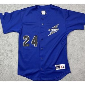 Storm Bowling Uniform Baseball Button Up‎ Jersey Blue Majestic #24 Size S